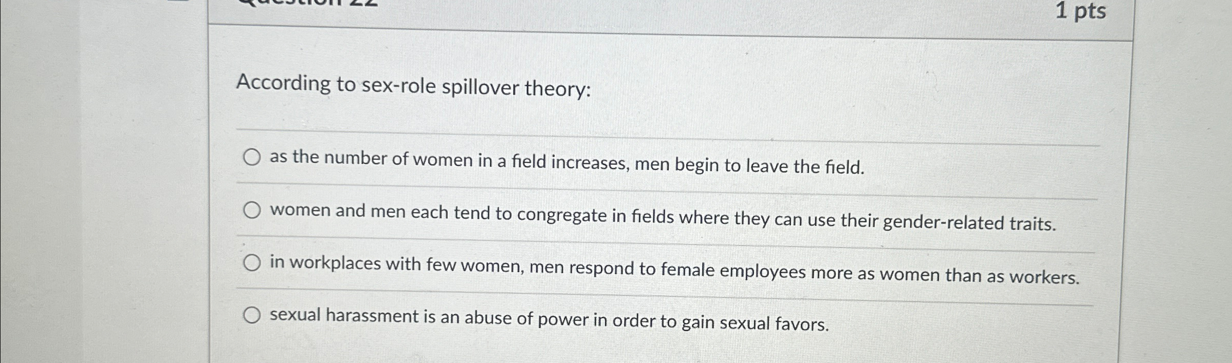 Solved 1 ﻿ptsAccording to sex-role spillover theory:as the | Chegg.com