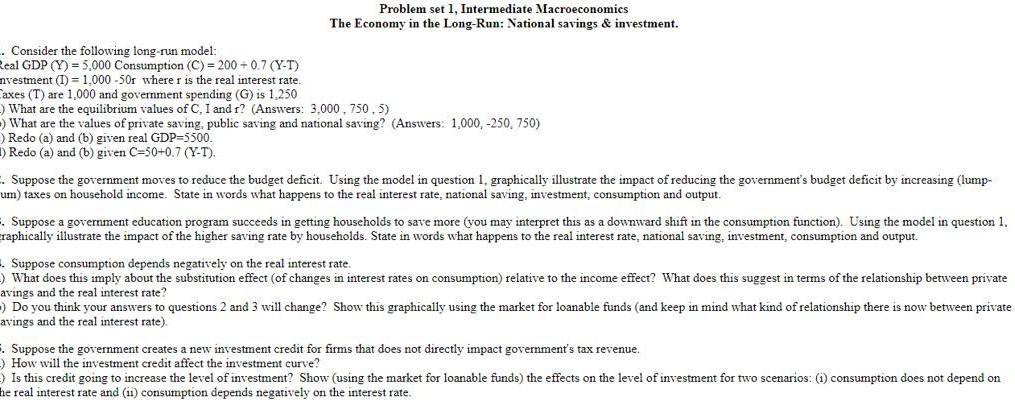 Solved Problem set 1, Intermediate Macroeconomics The | Chegg.com