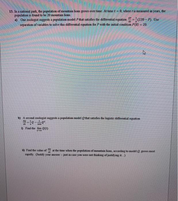 13. In a national park, the population of mountain | Chegg.com