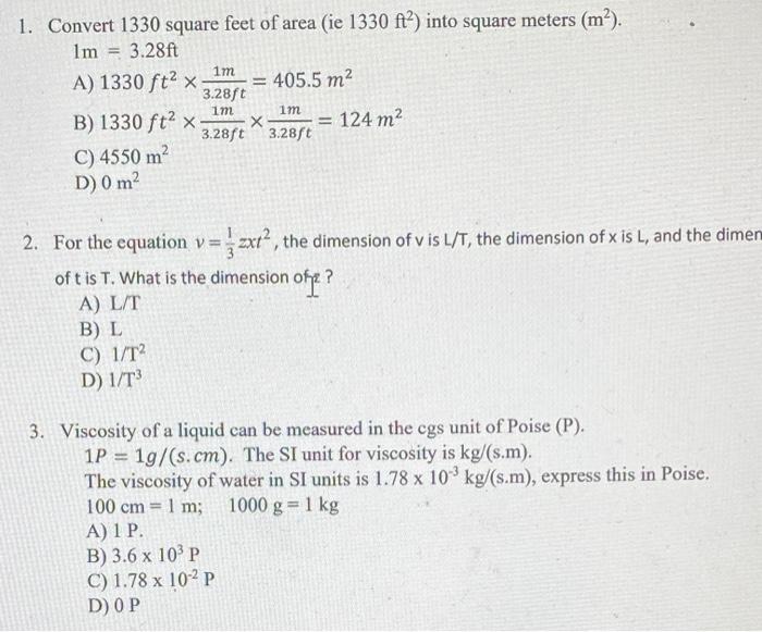 Solved 1m 1. Convert 1330 square feet of area (ie 1330 ft?) | Chegg.com