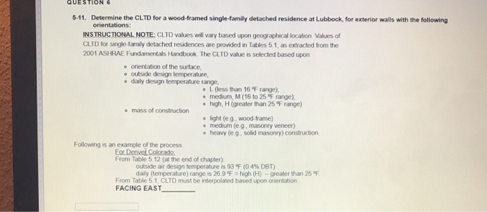 QUESTION 6 5-11. Determine the CLTD for a wood-framed | Chegg.com