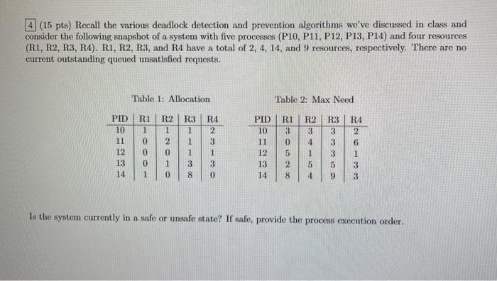 Solved 4 (15 pts) Recall the various deadlock detection and | Chegg.com