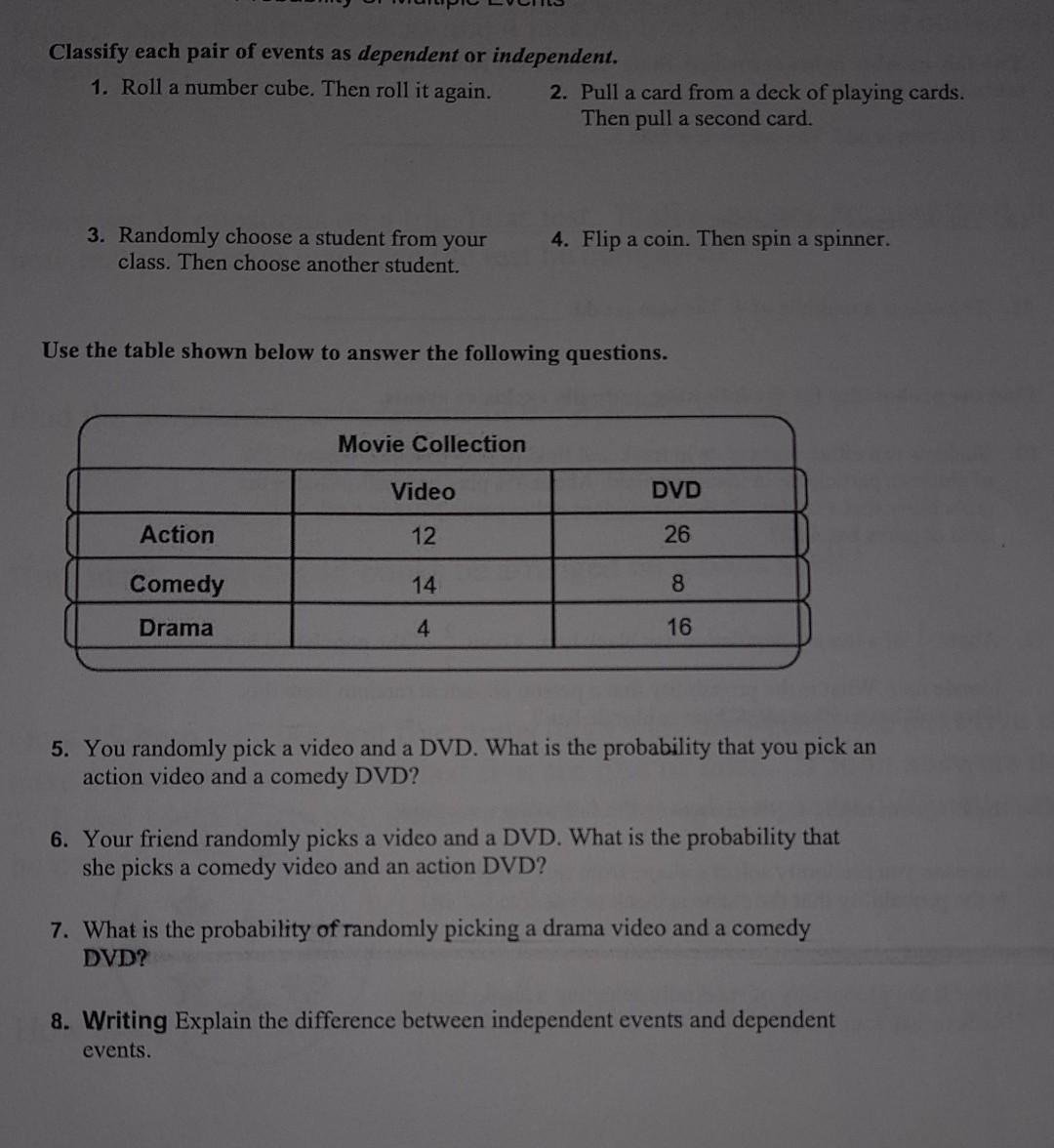 Solved Classify Each Pair Of Events As Dependent Or | Chegg.com