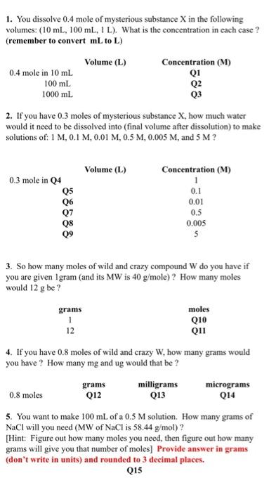 Solved 1 You Dissolve 0 4 Mole Of Mysterious Substance X In Chegg Com