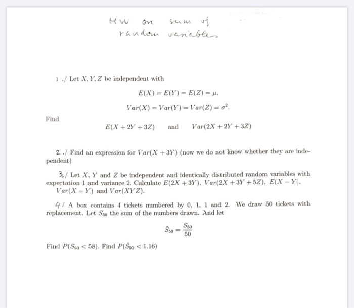 Solved Hw on sum of random variables 1./ Let X, Y, Z be | Chegg.com