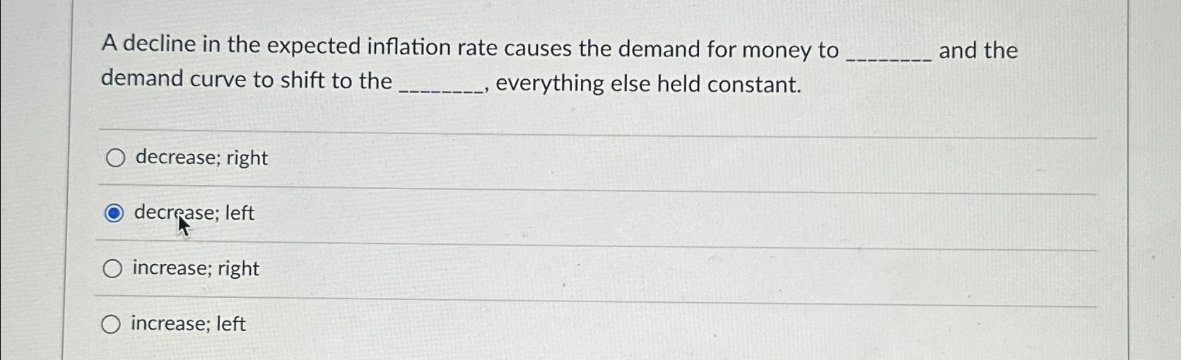 Solved A decline in the expected inflation rate causes the | Chegg.com