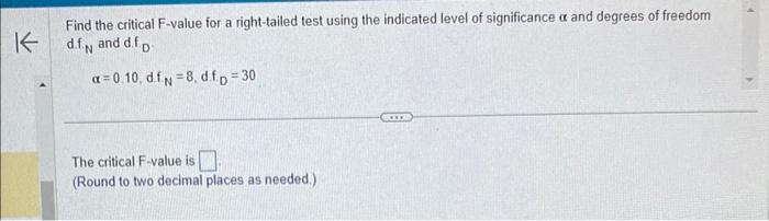 Solved Find the critical F-value for a right-tailed test | Chegg.com
