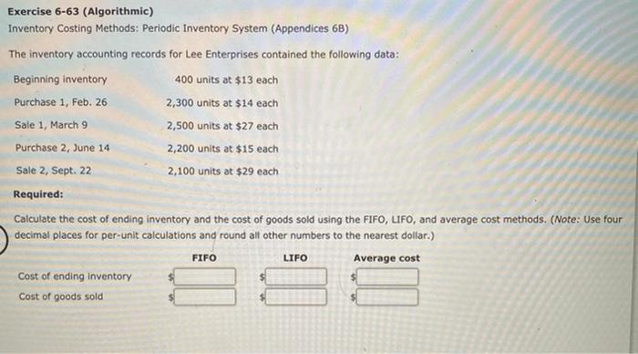 Solved Exercise 6-63 (Algorithmic) Inventory Costing | Chegg.com