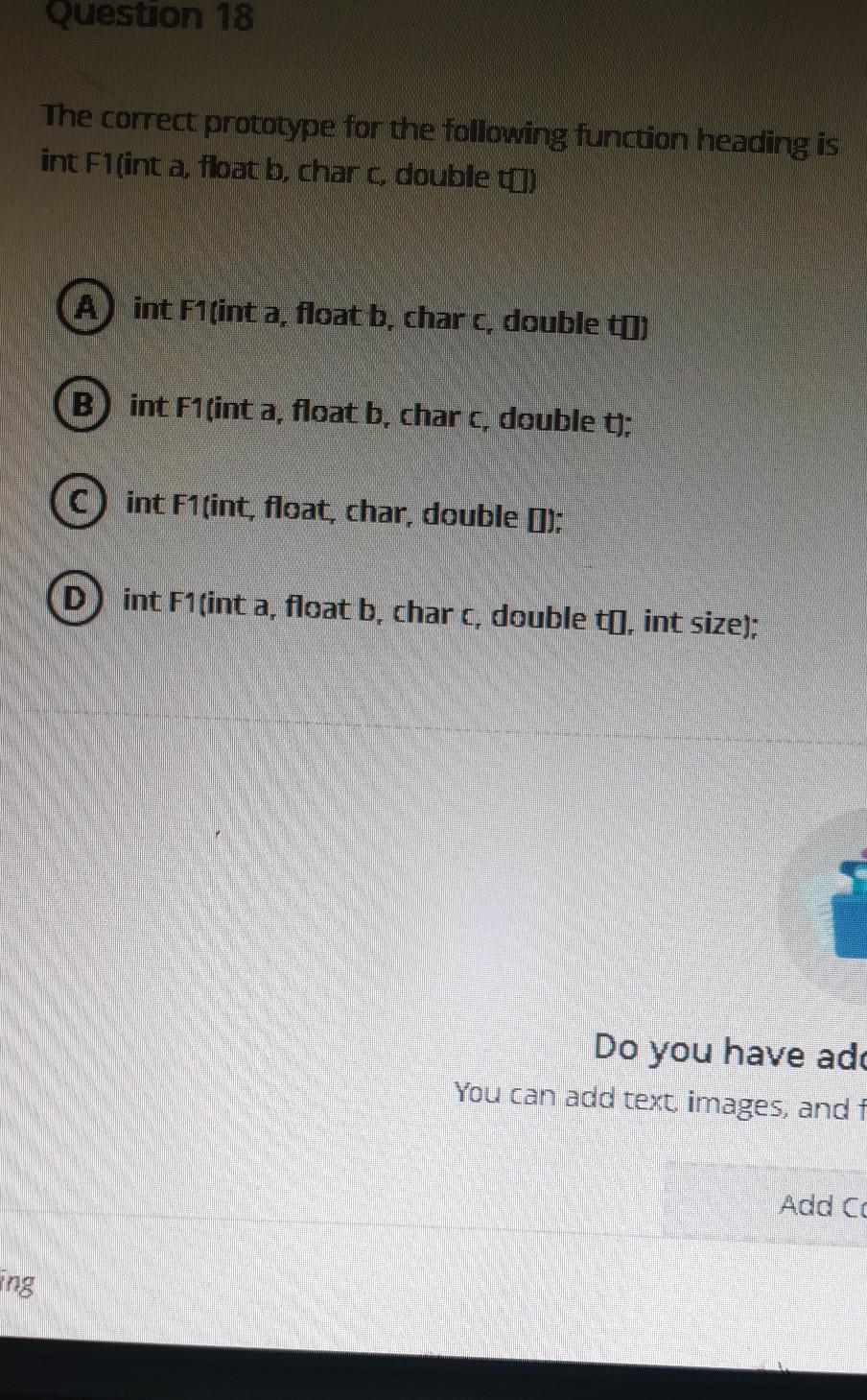 Solved Question 18 The correct prototype for the following | Chegg.com