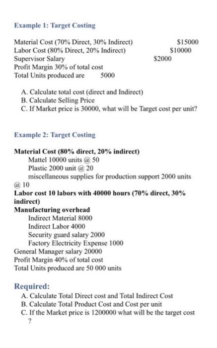 Solved $2000 Example 1: Target Costing Material Cost (70% | Chegg.com