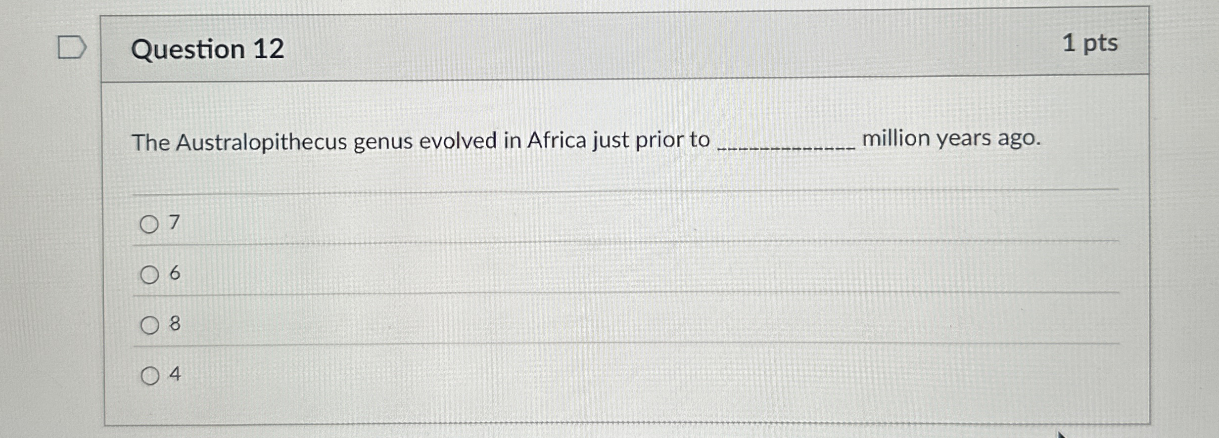 Solved Question 121 ﻿ptsThe Australopithecus genus evolved | Chegg.com