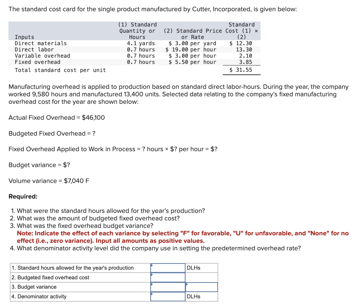 Solved by an EXPERT The standard cost card for the single product ...