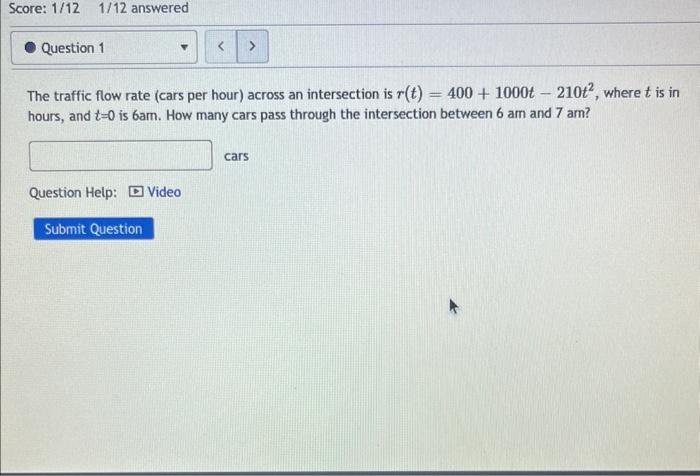 The traffic flow rate (cars per hour) across an intersection is \( r(t)=400+1000 t-210 t^{2} \), where \( t \) is in hours, a