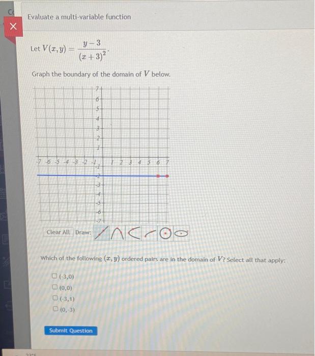 Evaluate a multi-variable function
Let \( V(x, y)=\frac{y-3}{(x+3)^{2}} \)
Graph the boundary of the domain of \( V \) below.