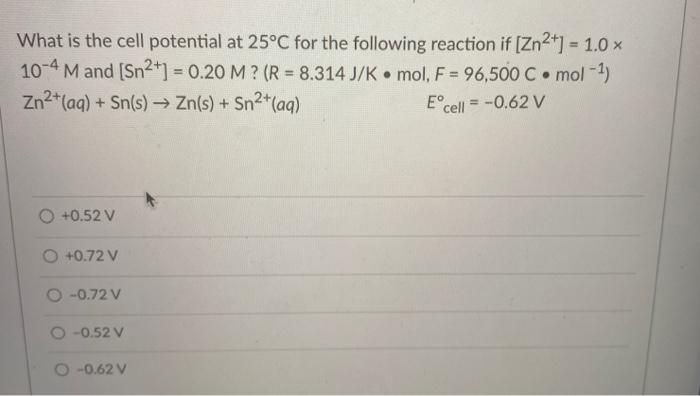 Solved What Is The Cell Potential At 25 C For The Followi Chegg Com