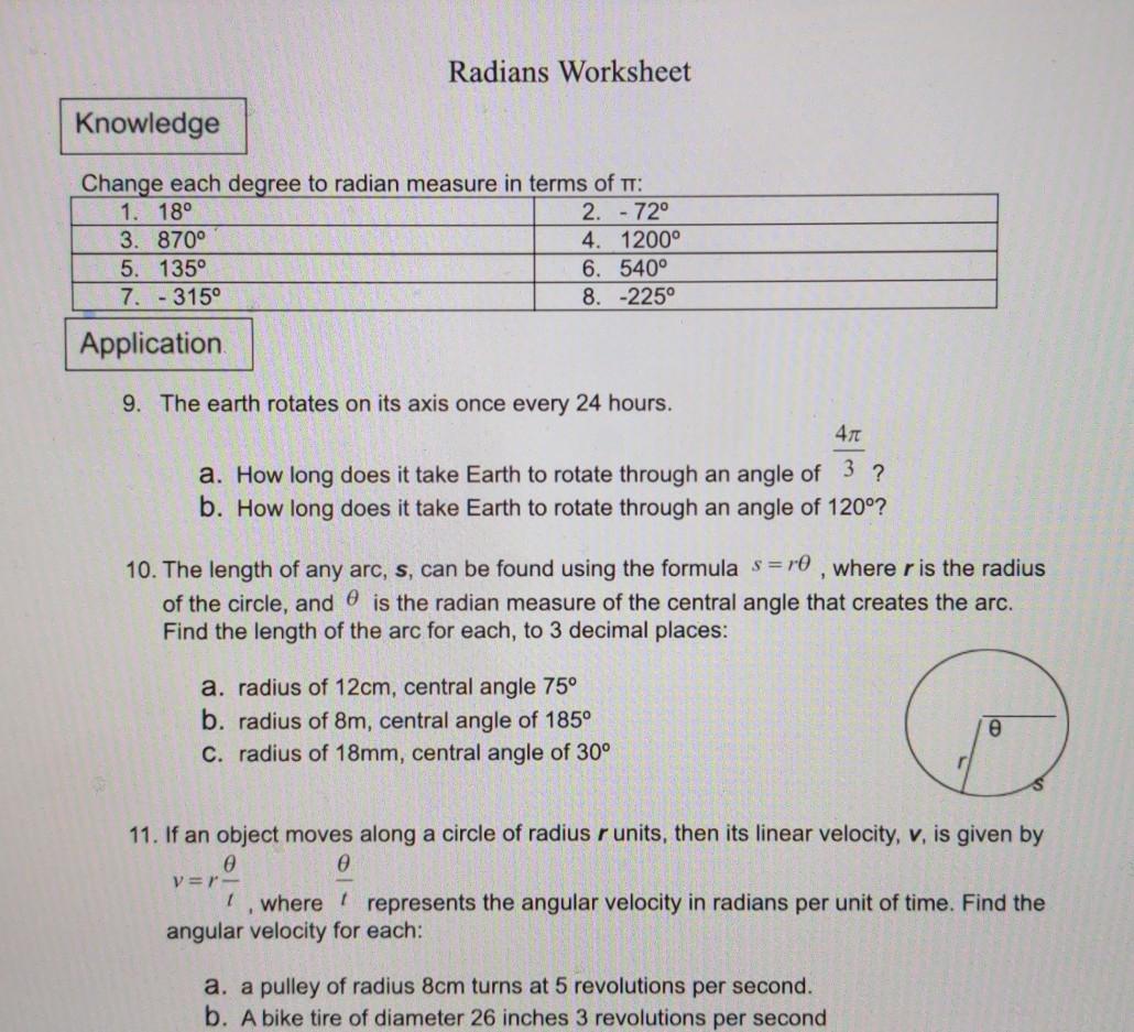 Solved please help me complete this last worksheet of this  Chegg.com Inside Radians To Degrees Worksheet