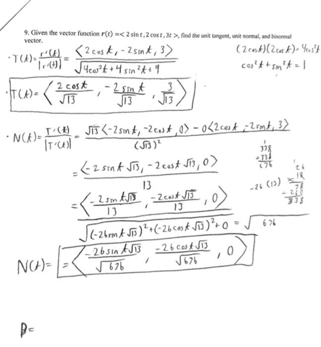 Solved 9 Given The Vector Function R T 2sint 2cost 3t