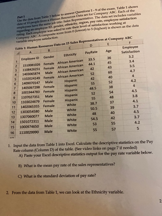Solved Part 1 Use the data from Table 1 below to answer | Chegg.com