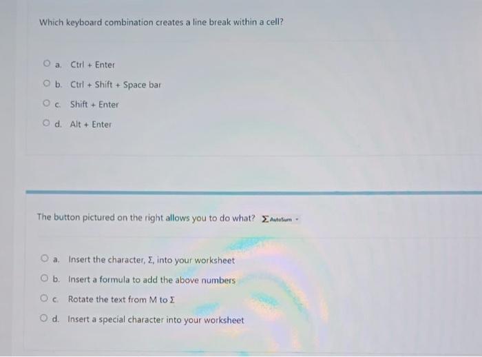 Solved Which keyboard combination creates a line break | Chegg.com