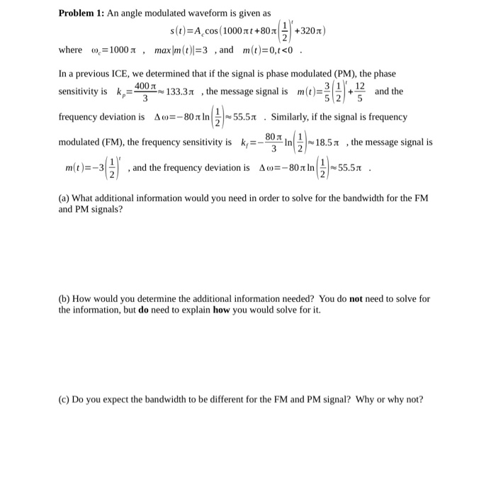 Solved Problem 1: An angle modulated waveform is given as | Chegg.com