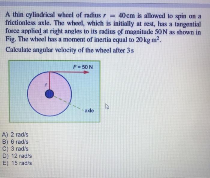 Solved A thin cylindrical wheel of radius r = 40cm is