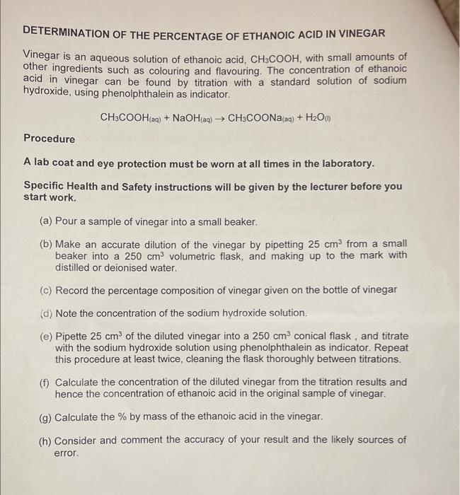 Solved DETERMINATION OF THE PERCENTAGE OF ETHANOIC ACID IN