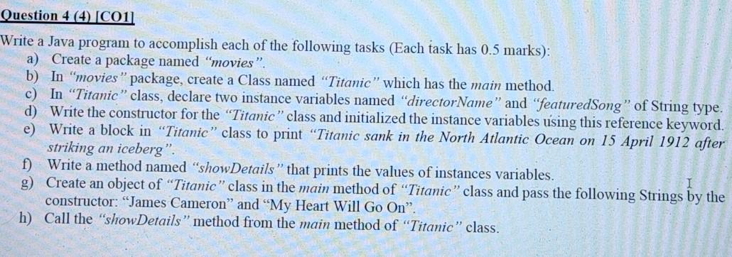 Solved Question 4 (4) (C01] Write a Java program to | Chegg.com