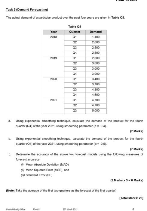 Solved Task 5 (Demand Forecasting) The actual demand of a | Chegg.com