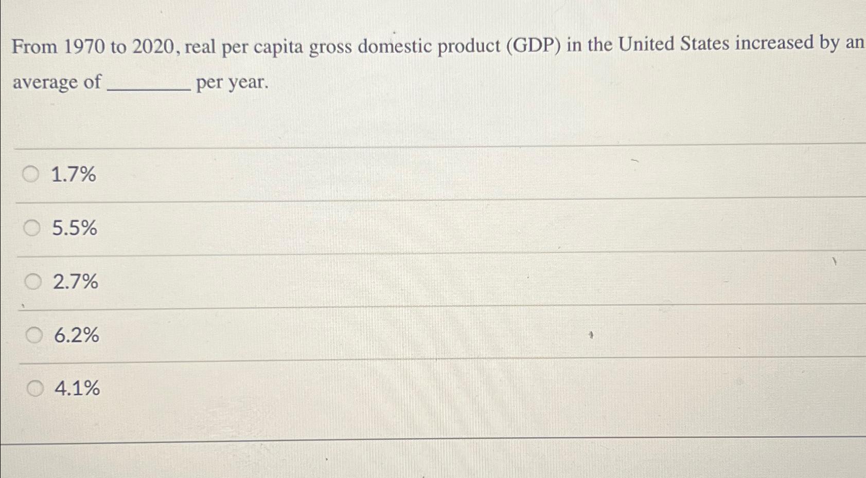 Solved From 1970 ﻿to 2020, ﻿real per capita gross domestic | Chegg.com