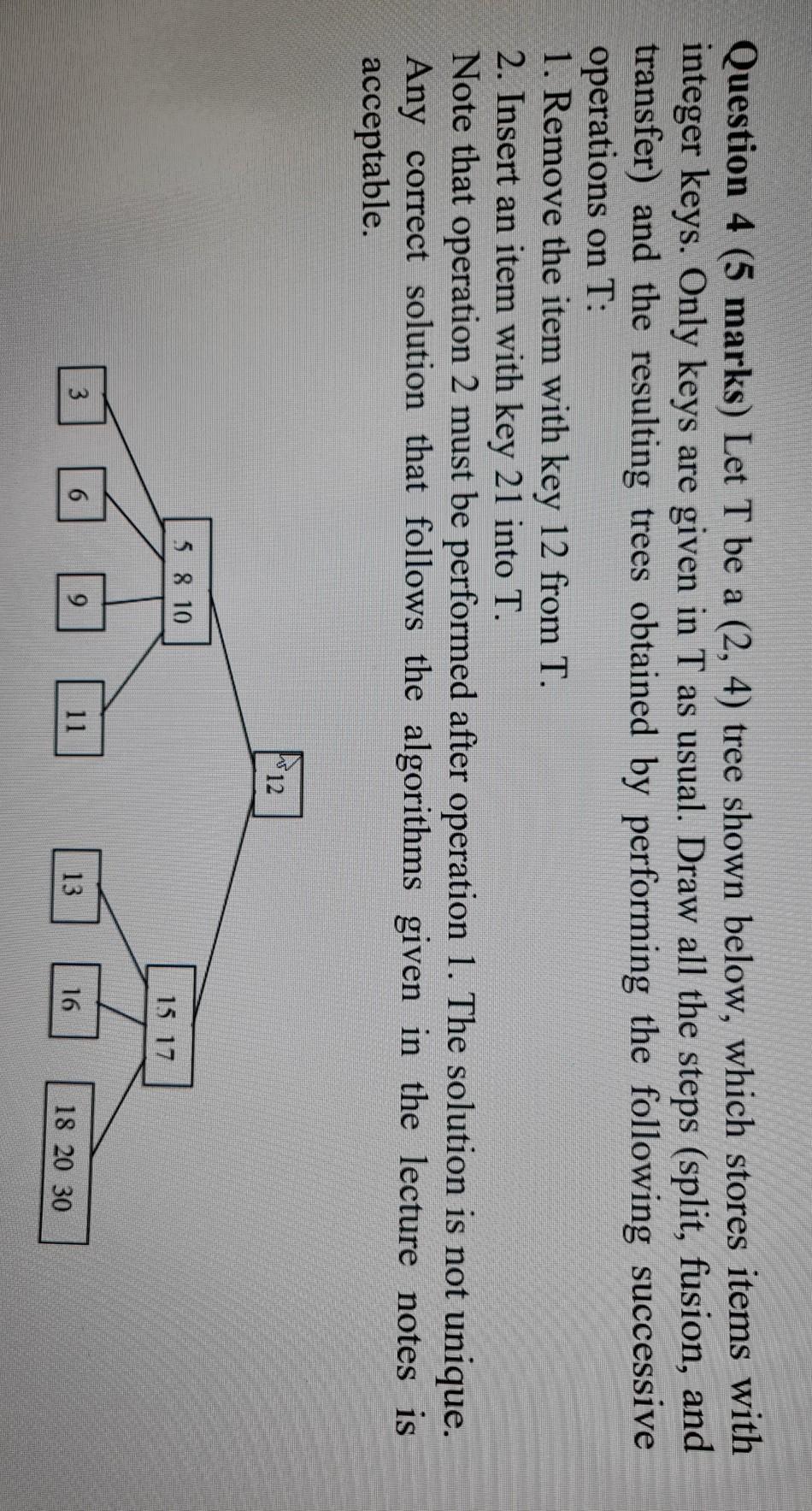 Solved Question 4 (5 marks) Let T be a (2, 4) tree shown | Chegg.com