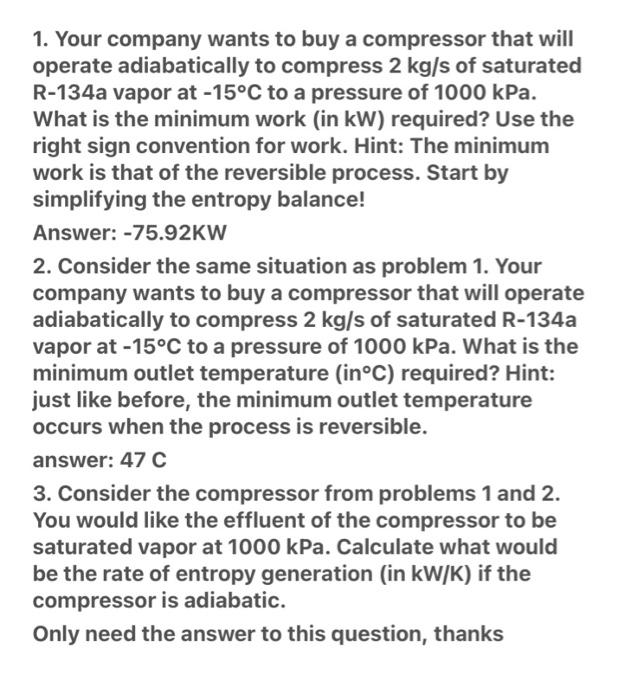 Solved 1. Your company wants to buy a compressor that will | Chegg.com