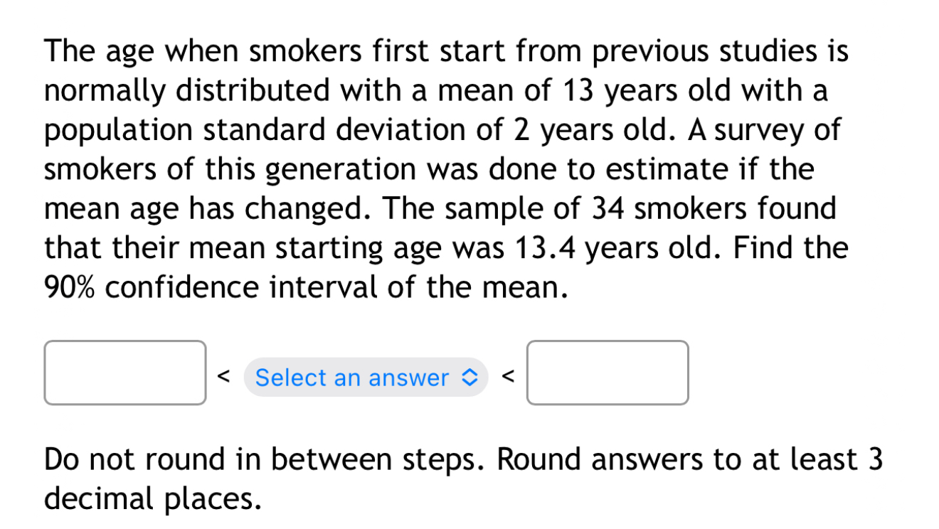 Solved The age when smokers first start from previous | Chegg.com