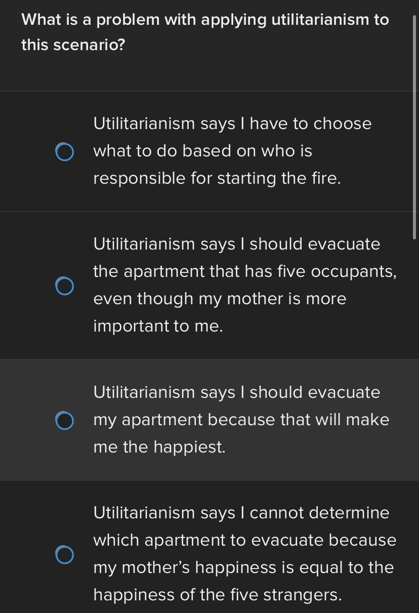 Solved What is a problem with applying utilitarianism tothis | Chegg.com