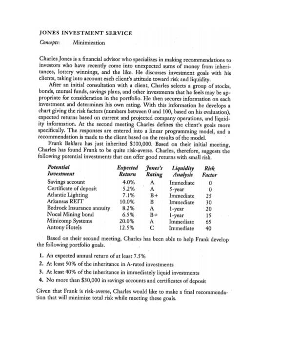 Solved JONES INVESTMENT SERVICE Concepts Minimization