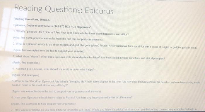 Reading Questions: Epicurus Reading Questions, Week | Chegg.com