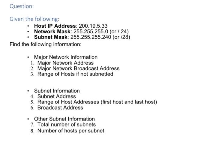 Solved ven the following: - Host IP Address: 200.19.5.33 - | Chegg.com