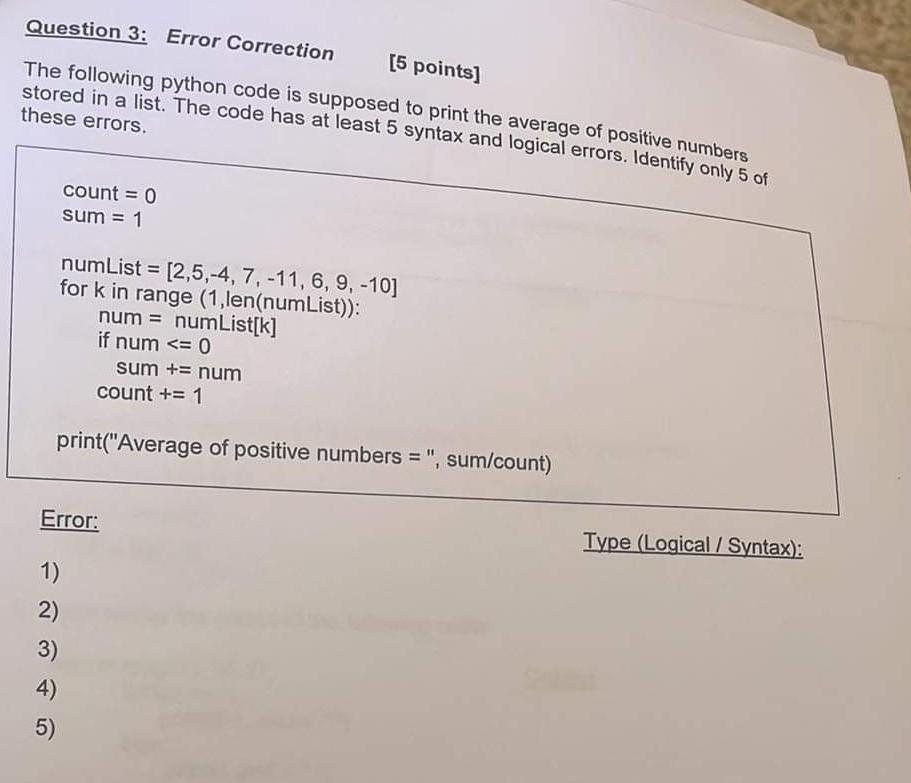 Solved stored in a list. The code has at least 5 syntax and | Chegg.com