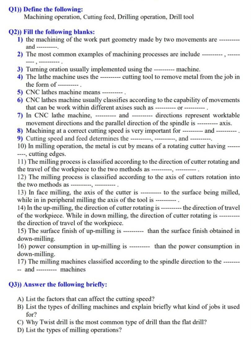 Solved Q1)) Define the following: Machining operation, | Chegg.com