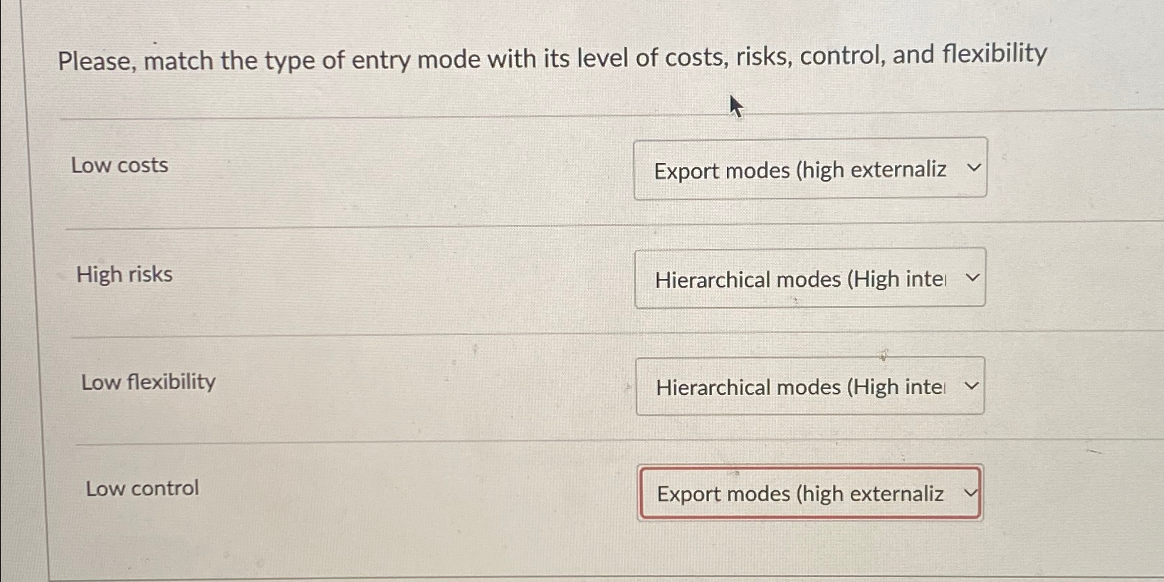 Solved Please, match the type of entry mode with its level | Chegg.com