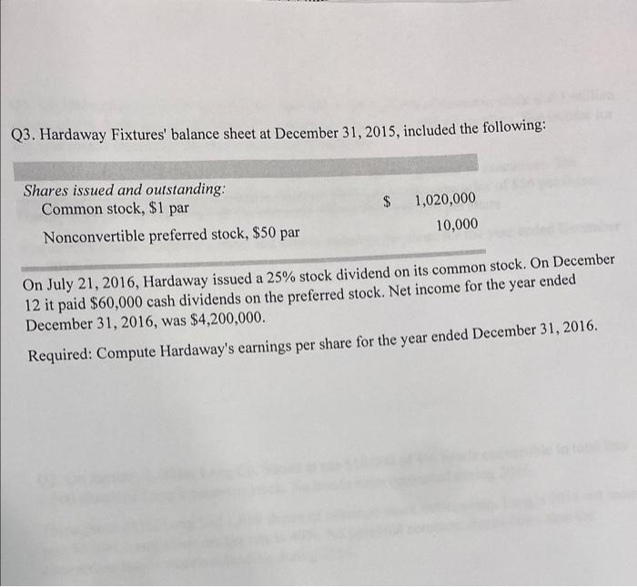 Solved Q3. Hardaway Fixtures' balance sheet at December 31,