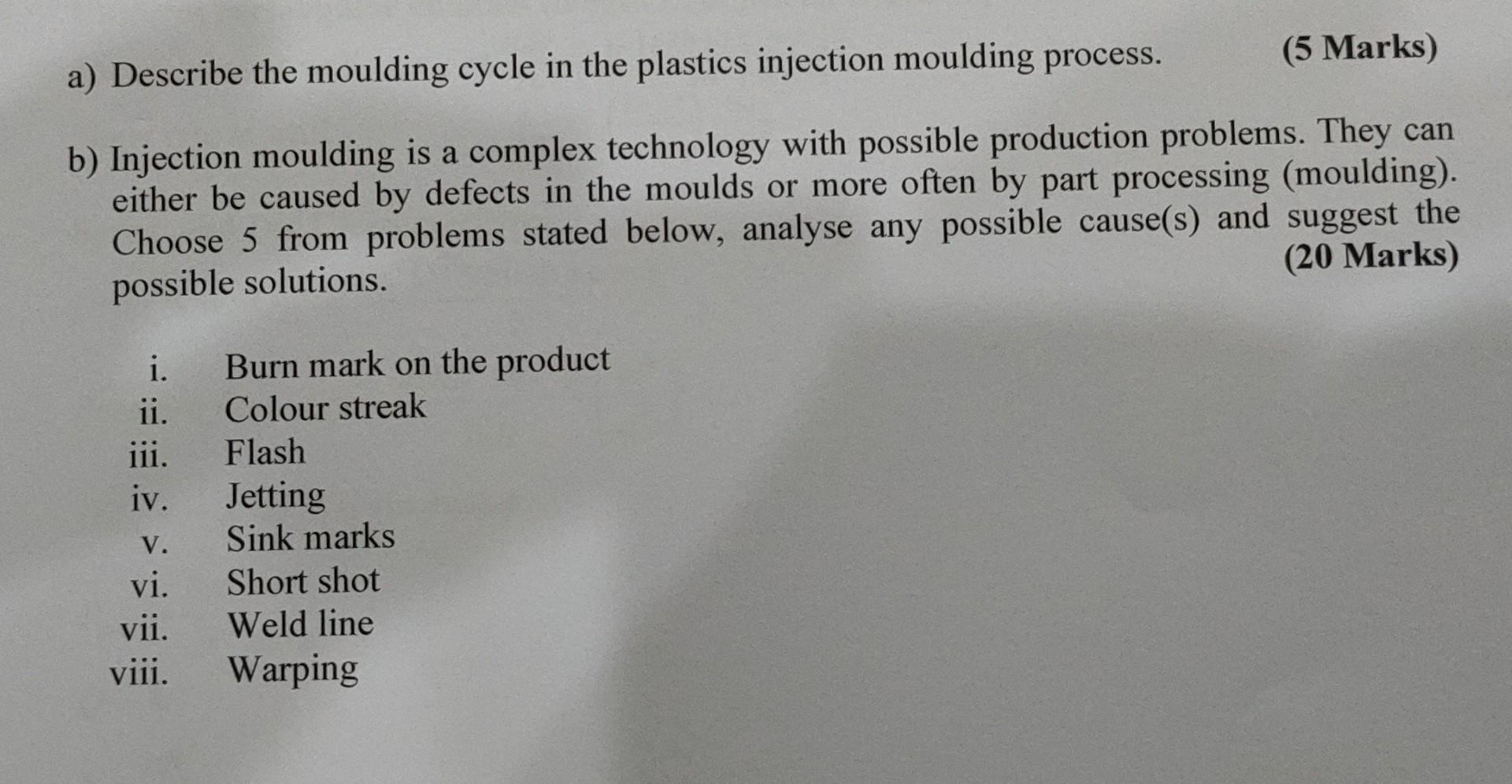Solved (5 Marks) a) Describe the moulding cycle in the | Chegg.com