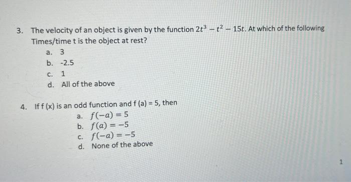 Solved 3. The velocity of an object is given by the function | Chegg.com