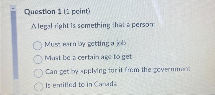 Solved Question 1 (1 point) A legal right is something that | Chegg.com