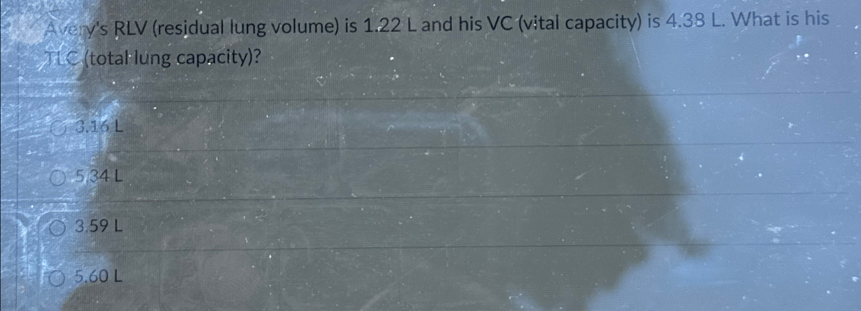 Solved Avery's RLV (residual lung volume) ﻿is 1.22L ﻿and his | Chegg.com