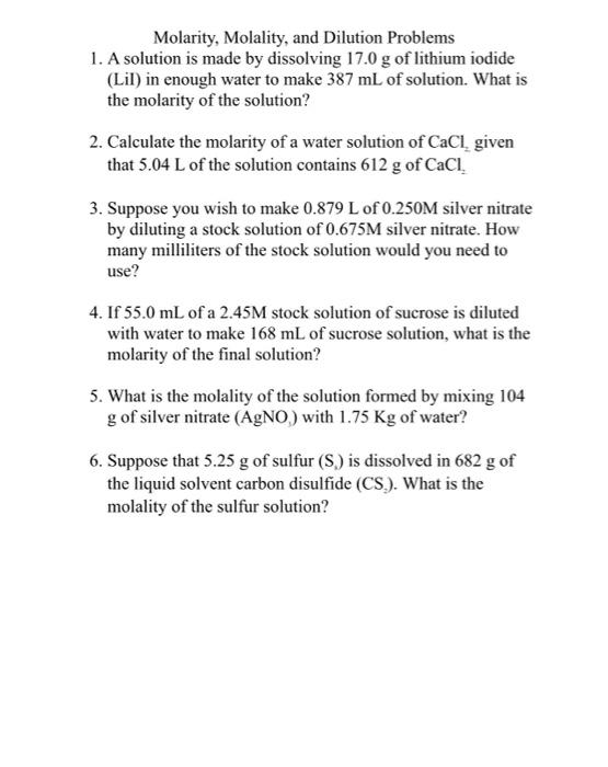 Solved Molarity, Molality, and Dilution Problems 1. A | Chegg.com