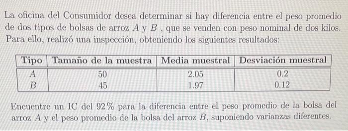 La oficina del Consumidor desea determinar si hay diferencia entre el peso promedio de dos tipos de bolsas de \( \operatornam