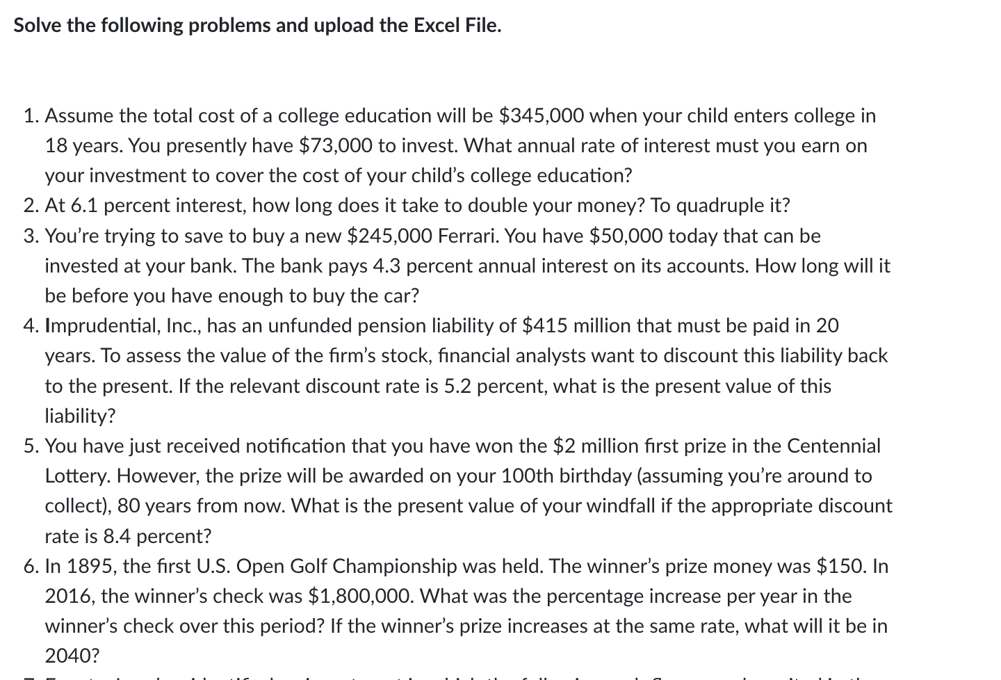 Solved Solve the following problems and upload the Excel | Chegg.com