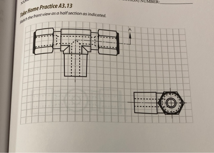Solved Slatch the front view as a half section as indicated. | Chegg.com