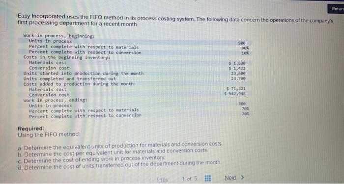 Solved Easy Incorporated uses the FFOO method in its process | Chegg.com
