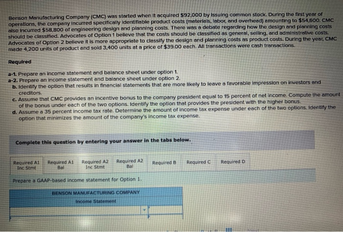 Solved Benson Manufacturing Company (CMC) Was Started When | Chegg.com